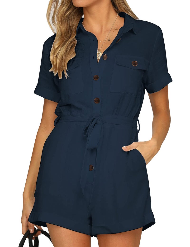 GRAPENT Women's Navy Blue Summer Casual Short Sleeves Button Down Pocket Belted Jumpsuits Rompers Size Large (Fits US 12-14) - Image 1